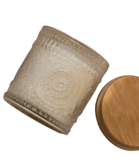 Eden Cashmere & Vanilla soy candle top view with wooden wick