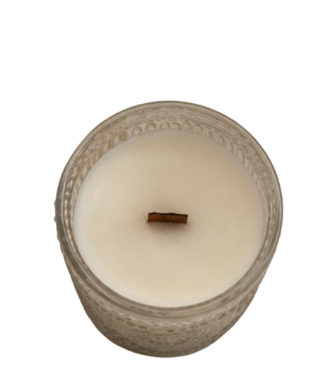 Eden Cashmere & Vanilla soy candle in textured glass jar with wooden lid
