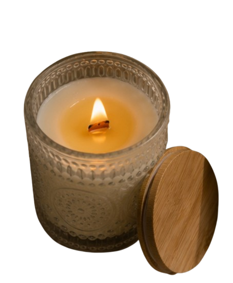 Eden Coconut & Vanilla soy candle in textured glass jar with wooden lid