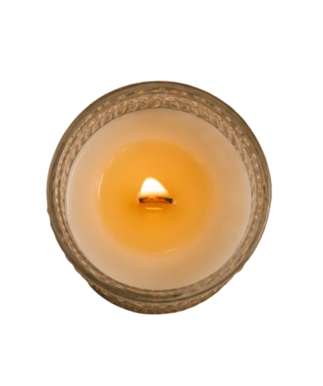 Eden Coconut & Vanilla soy candle top view with lit wooden wick